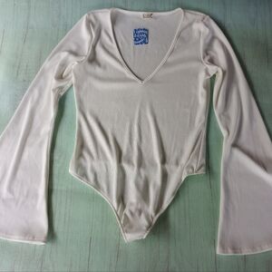 NWT Intimately Free People Large Ivory Ribbed Long Bell Sleeve Bodysuit